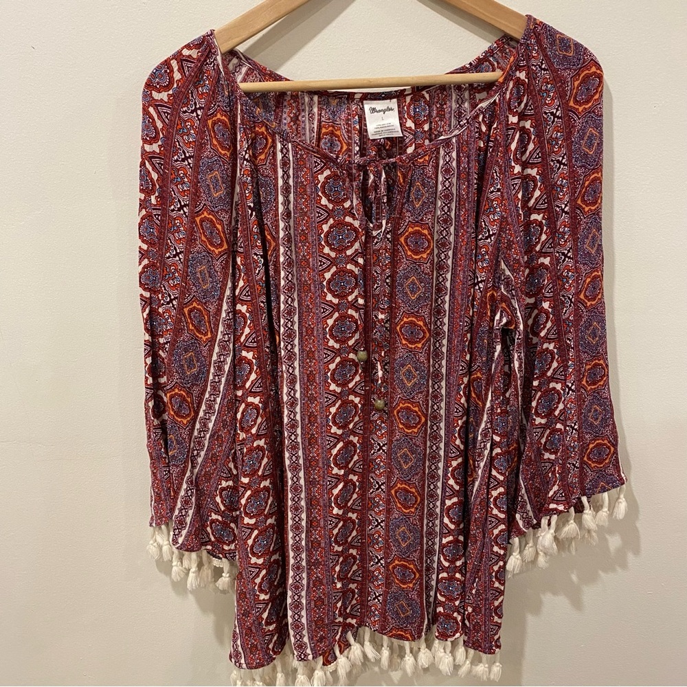 Wrangler boho top flowy western burgundy shirt with tassels size large